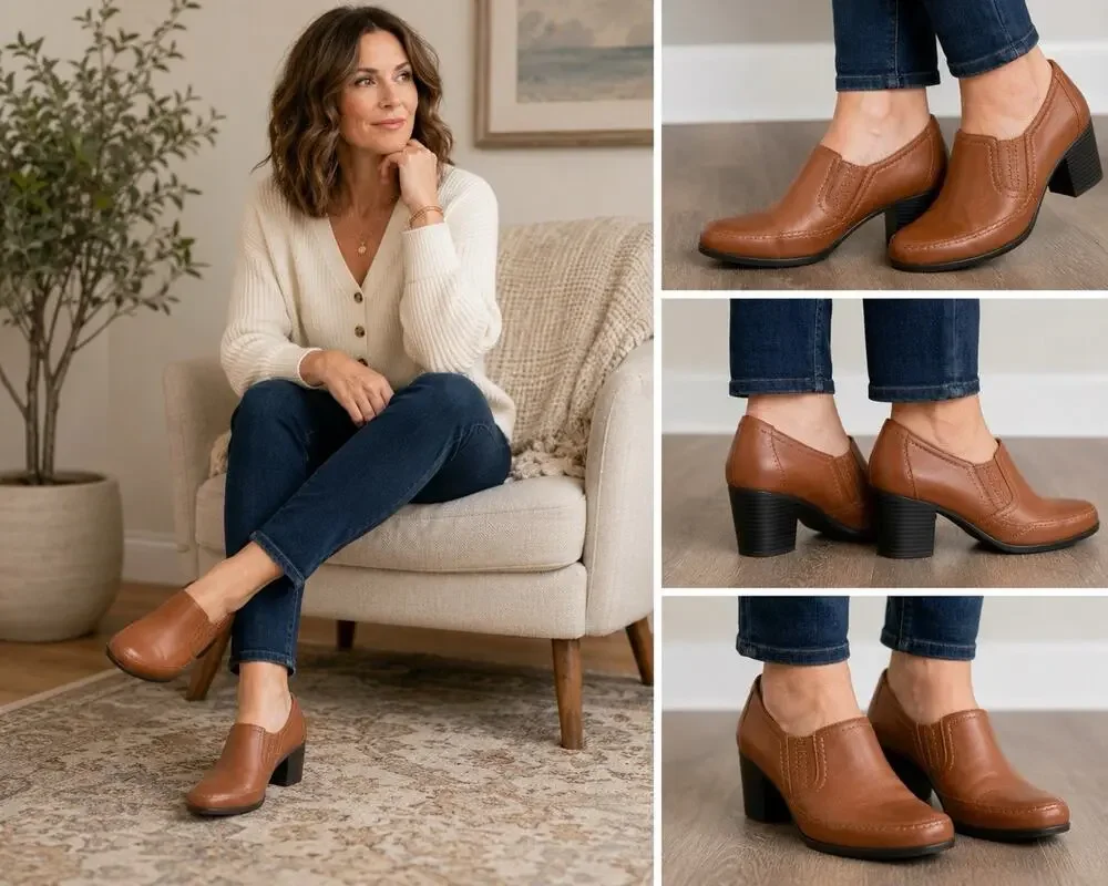 Clarks Bendables Brown Leather Slip-On Block Heel Loafers Women’s Size 9M